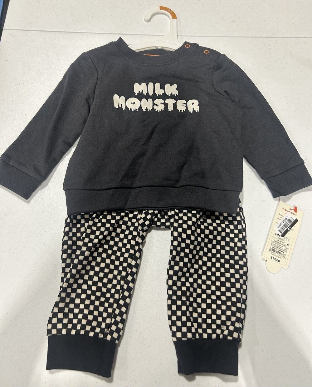 New Baby Boy Halloween checkered Pants Sweatshirt 2 PC Set Cute Milk Monster set